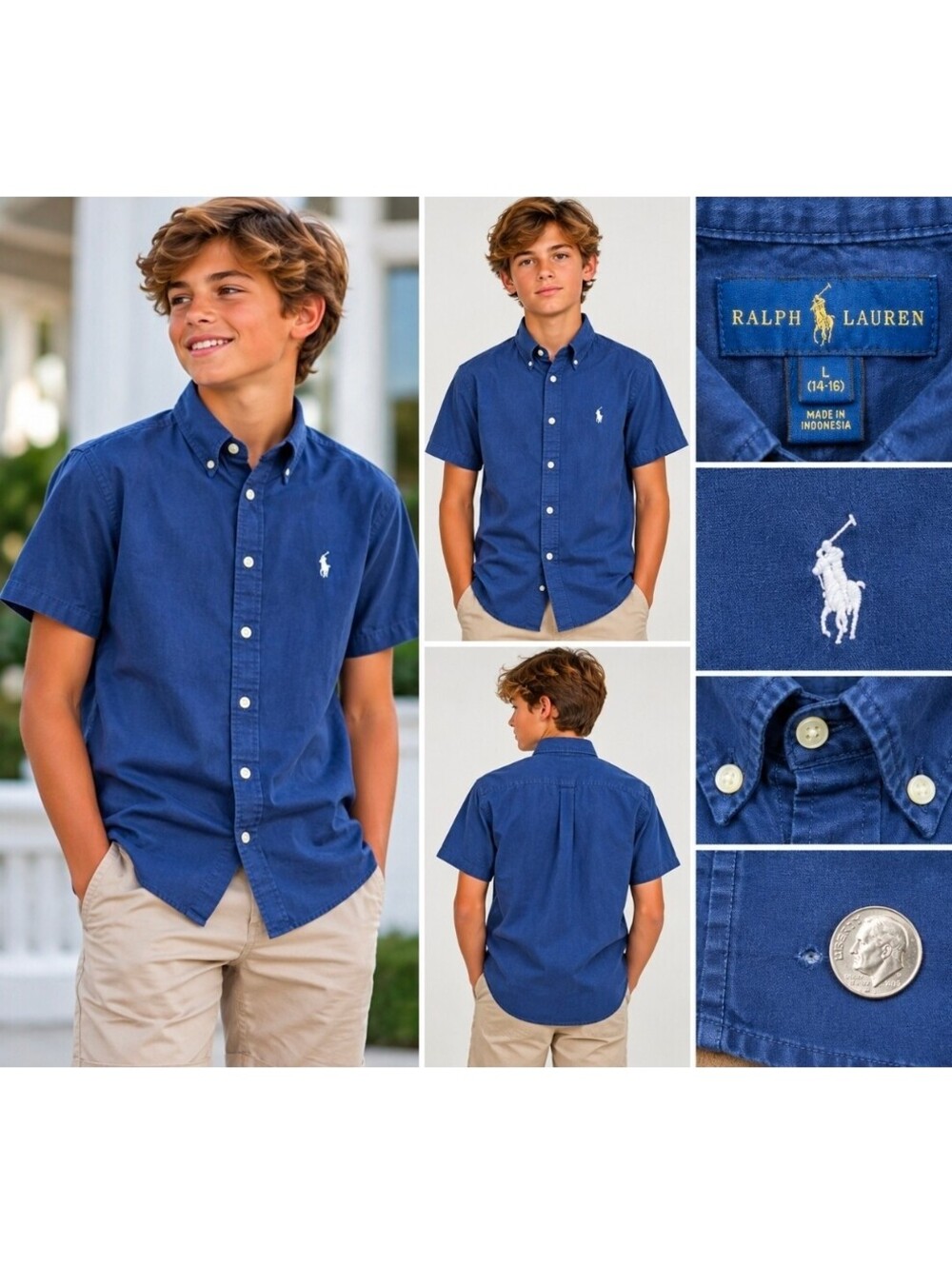 Ralph Lauren Boy L 14-16 Blue Short Sleeve Button Up Shirt Pony Logo Description